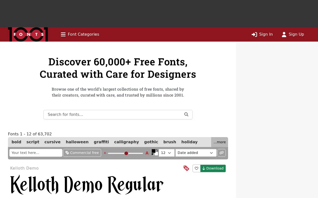 Screenshot of the 1001 Fonts homepage