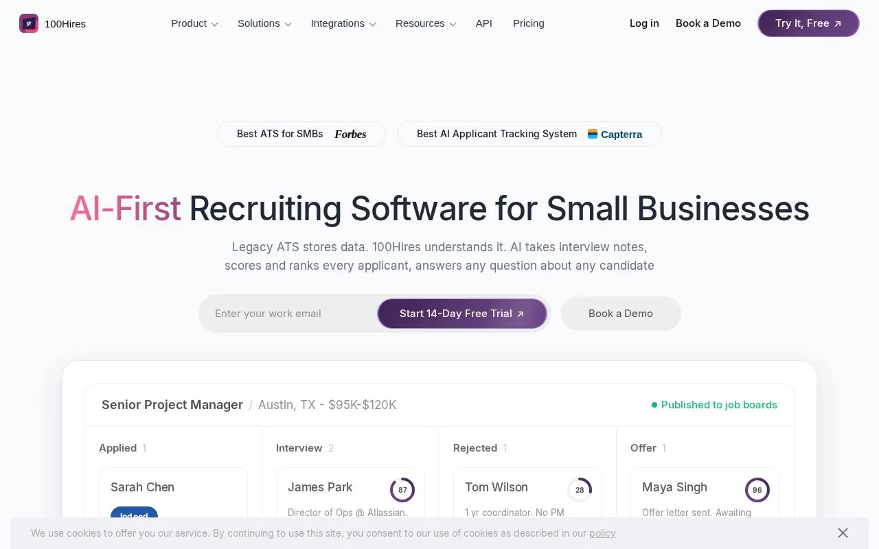 Screenshot of the 100Hires homepage