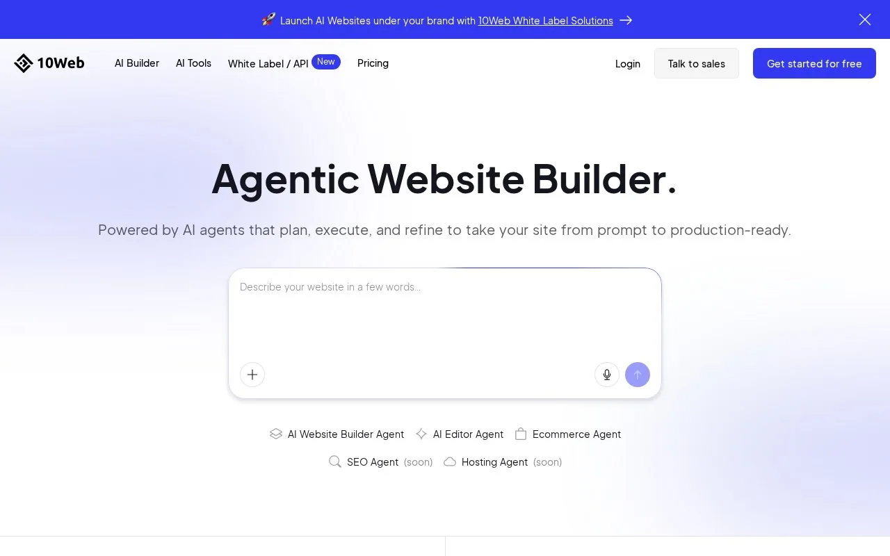 Screenshot of the 10Web homepage