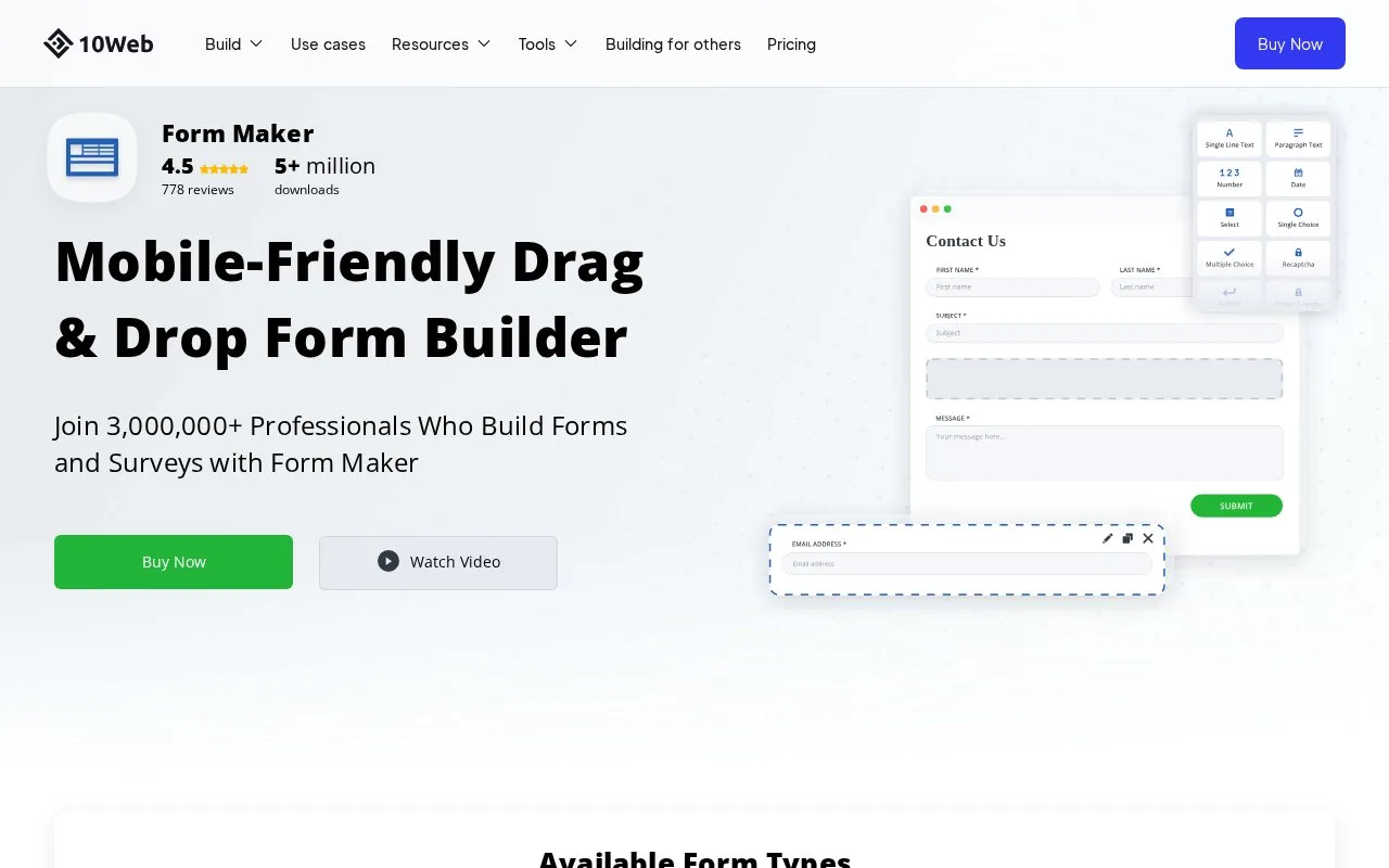 Screenshot of the Form Maker by 10Web homepage