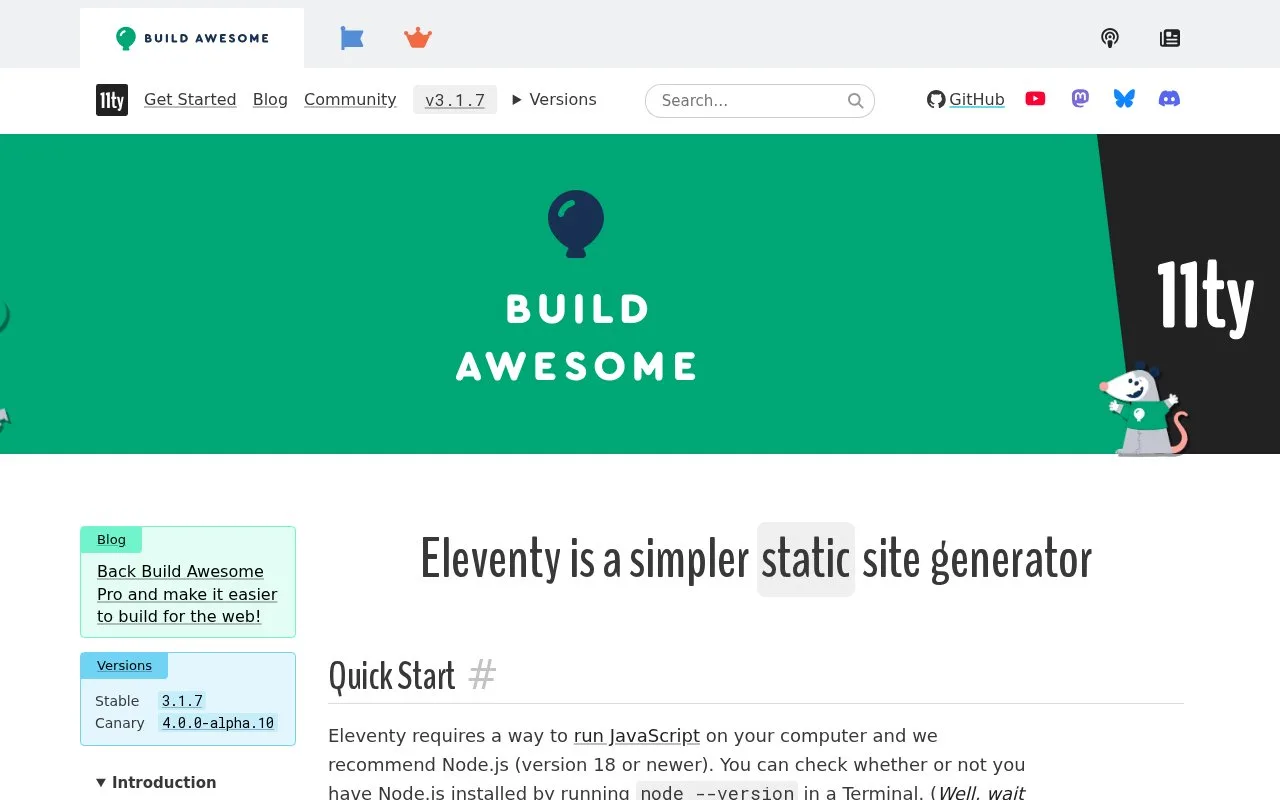 Screenshot of the Eleventy homepage