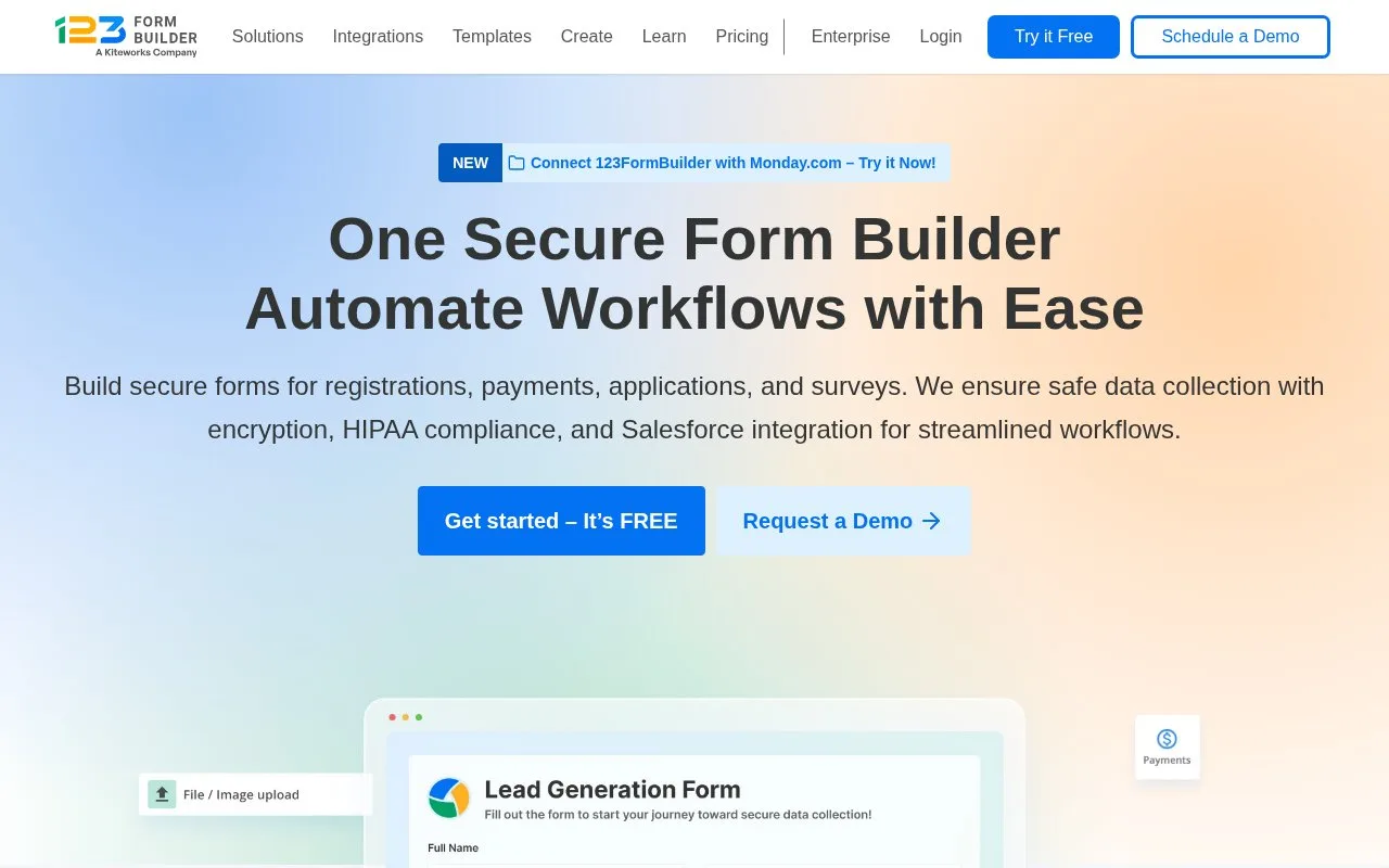 Screenshot of the 123FormBuilder homepage