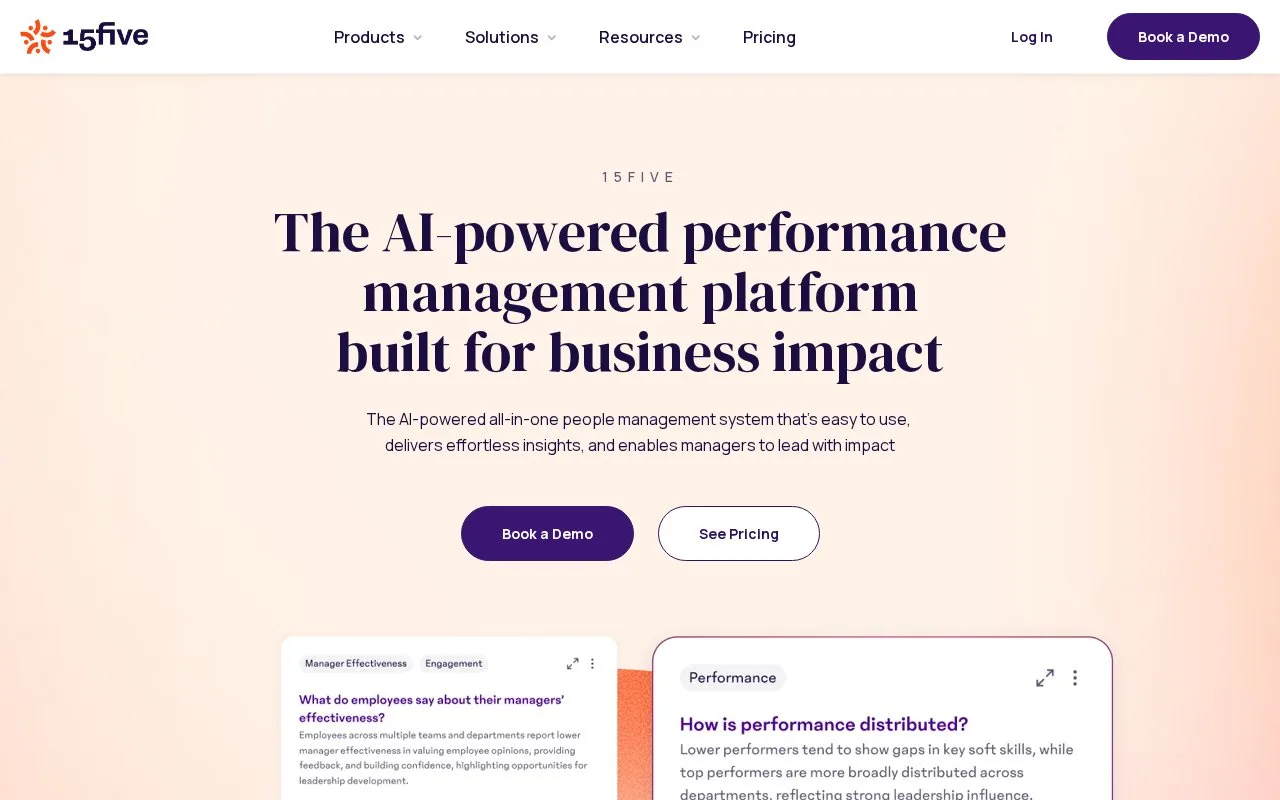 Screenshot of the 15Five homepage