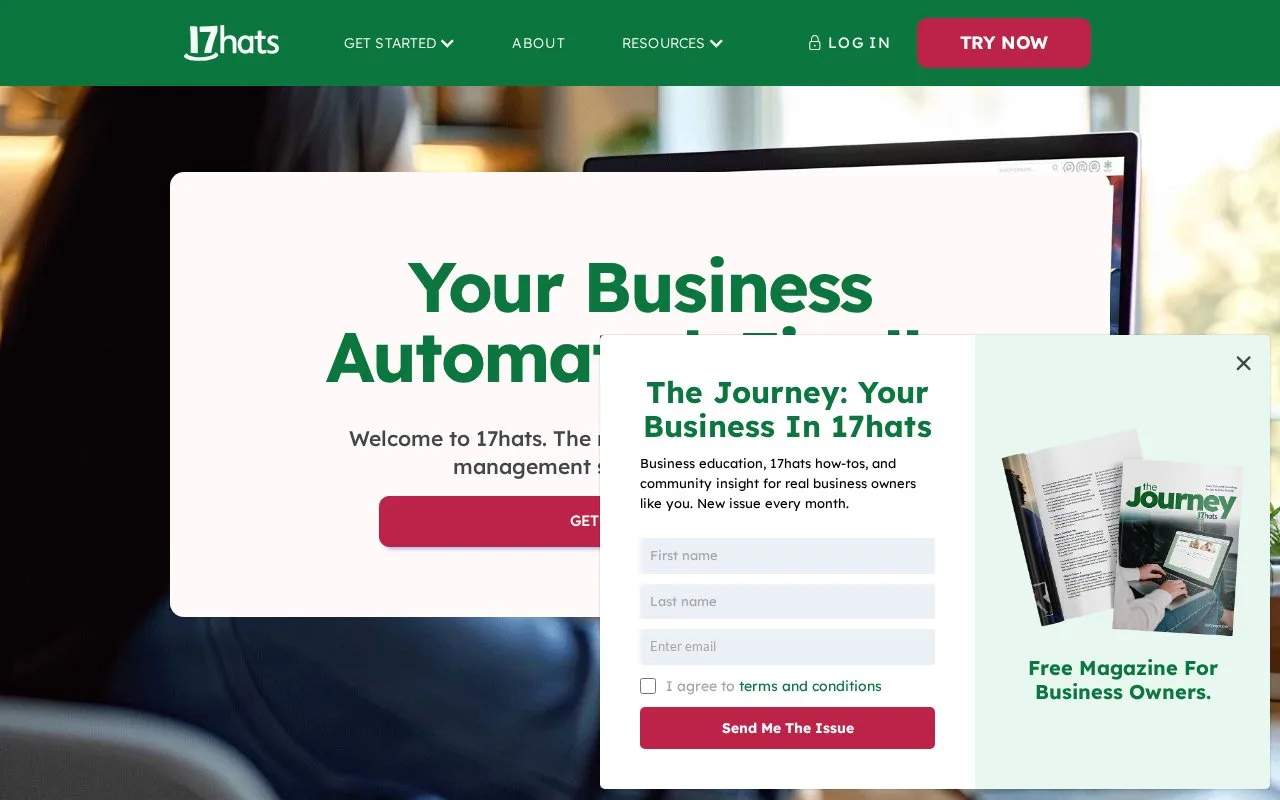 Screenshot of the 17hats homepage