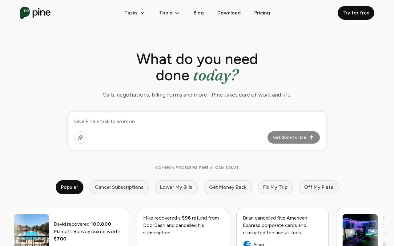 Screenshot of the Pine AI homepage
