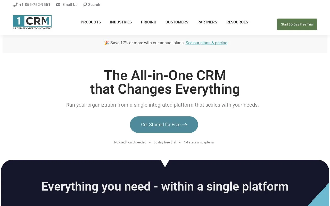 Screenshot of the 1CRM homepage