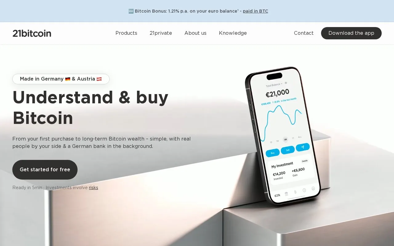 Screenshot of the 21bitcoin homepage