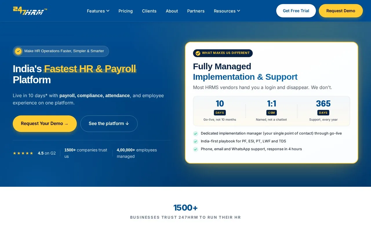 Screenshot of the 247HRM homepage