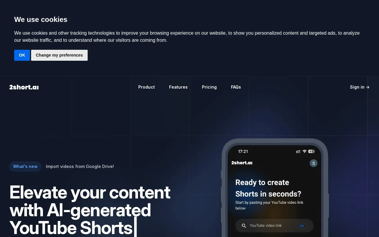 Screenshot of the 2short.ai homepage