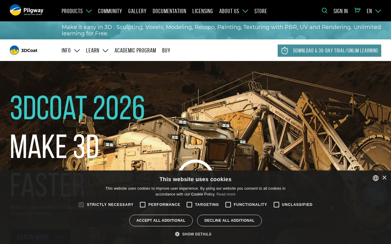 Screenshot of the 3DCoat homepage