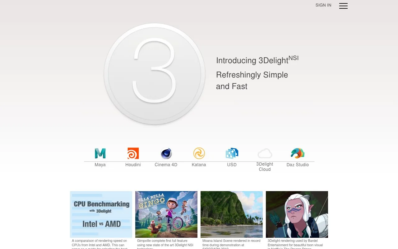 Screenshot of the 3Delight homepage
