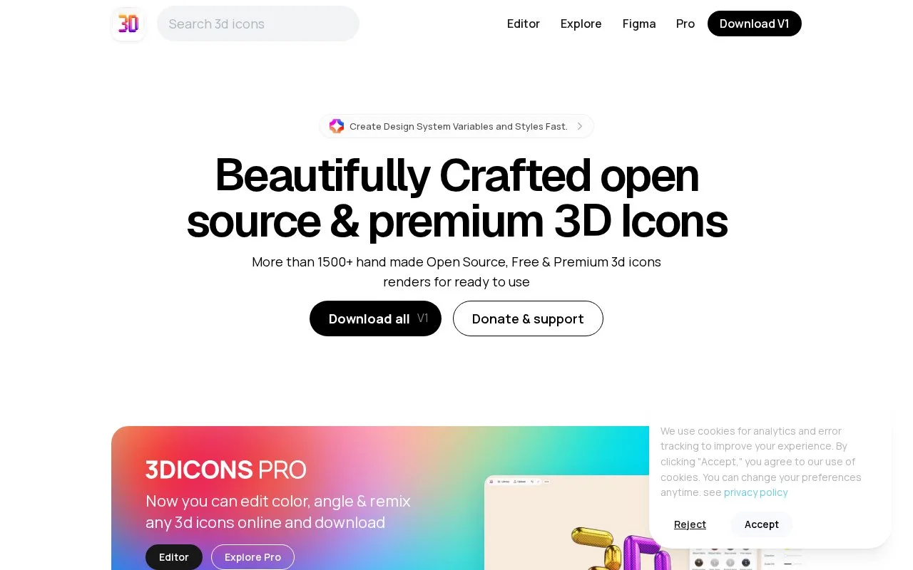 Screenshot of the 3dicons homepage