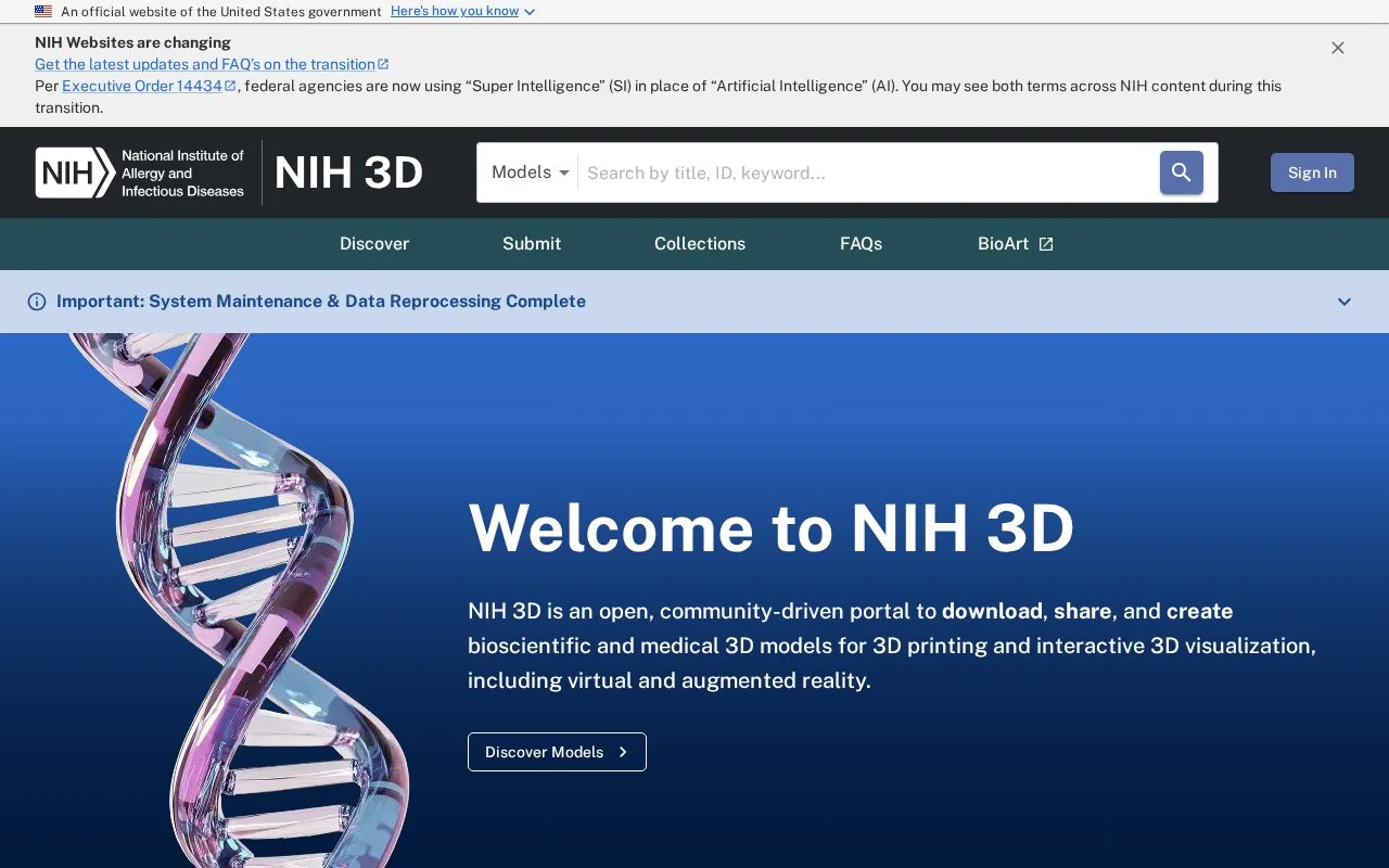 Screenshot of the NIH 3D homepage
