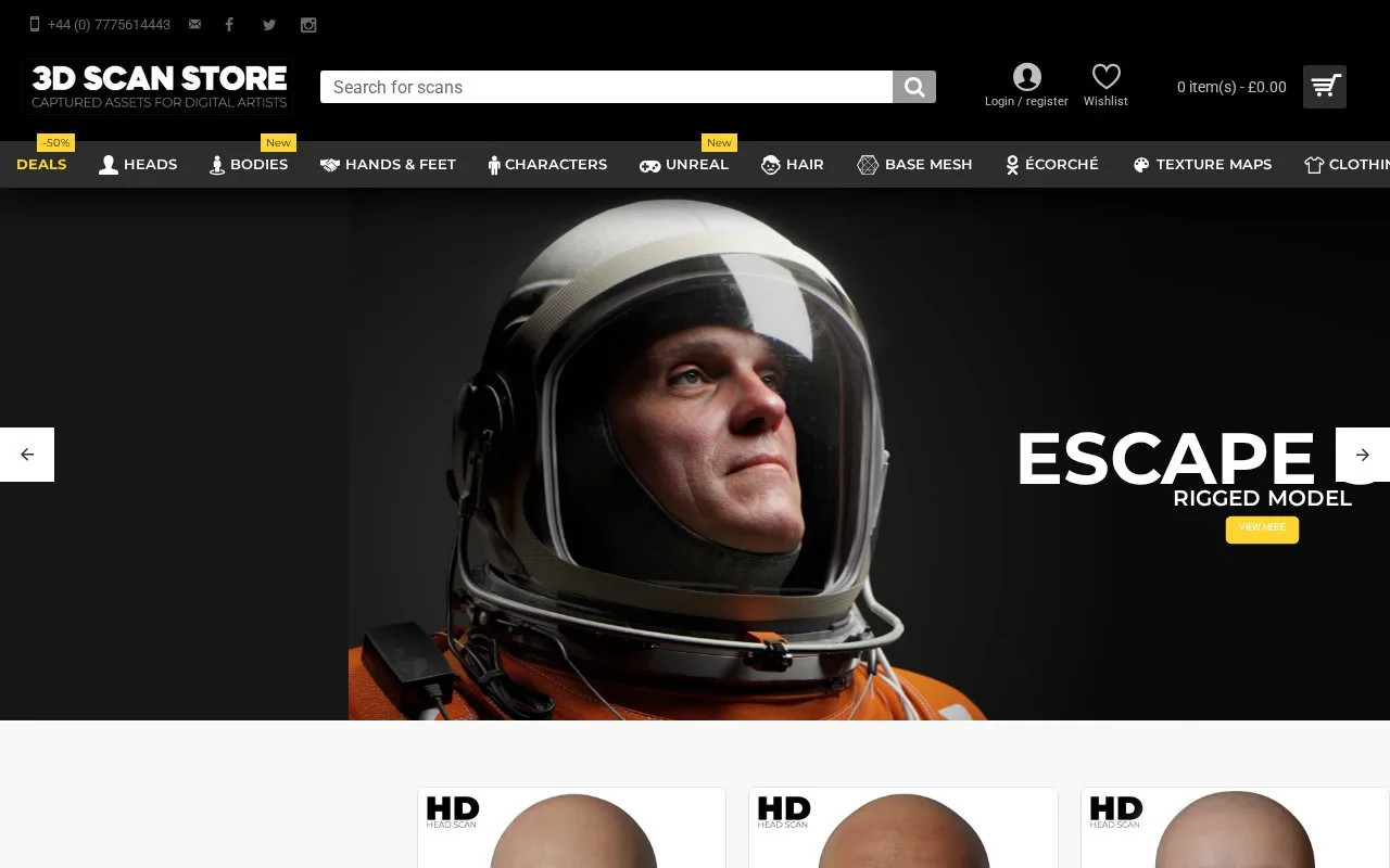 Screenshot of the 3D Scan Store homepage