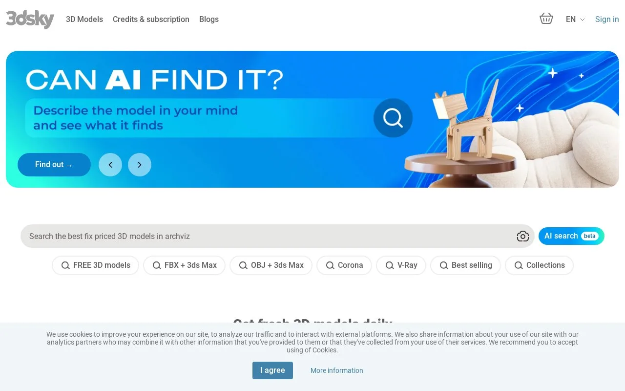 Screenshot of the 3dsky homepage