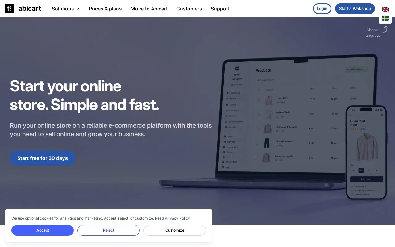 Screenshot of the Abicart homepage