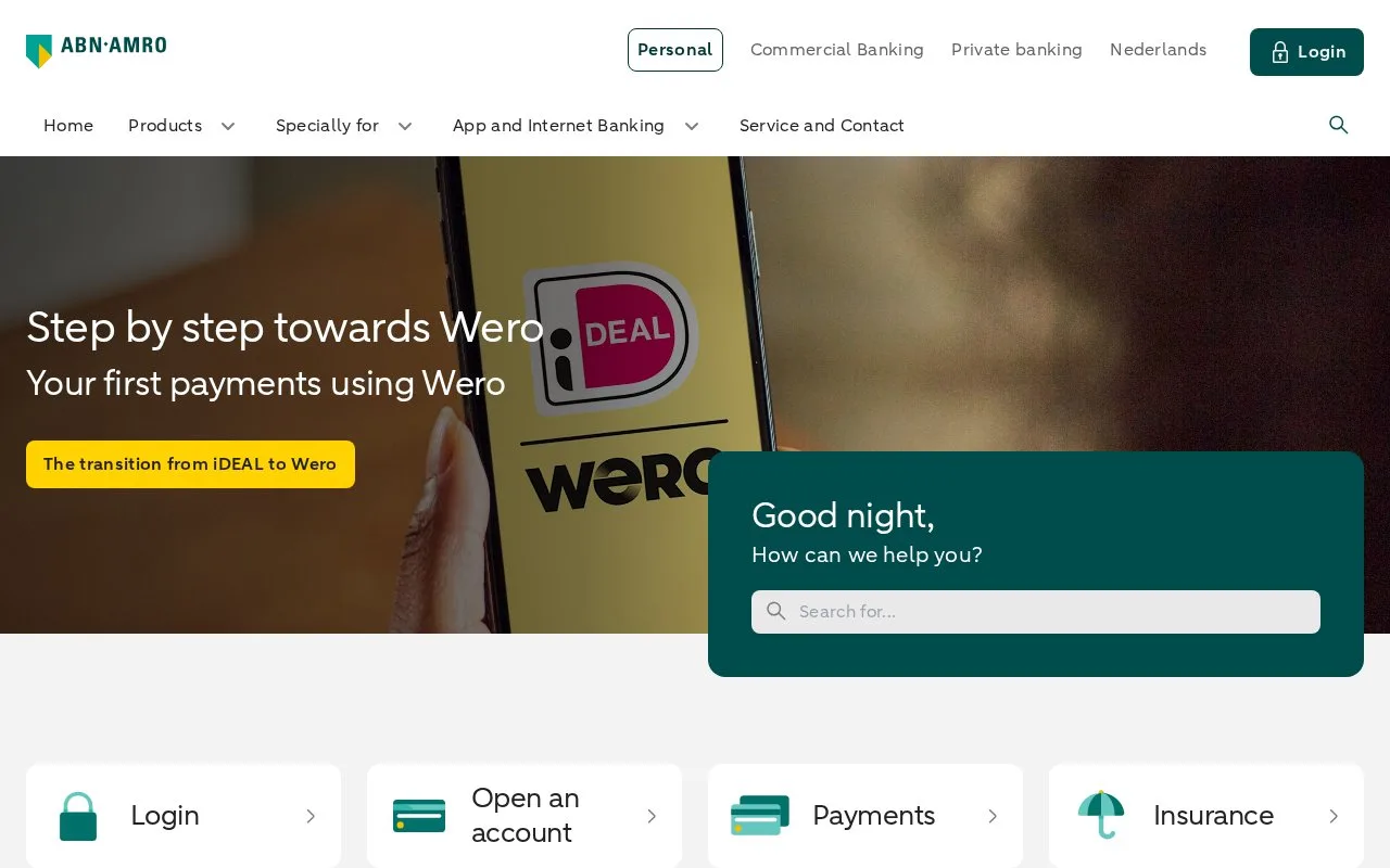 Screenshot of the ABN AMRO homepage