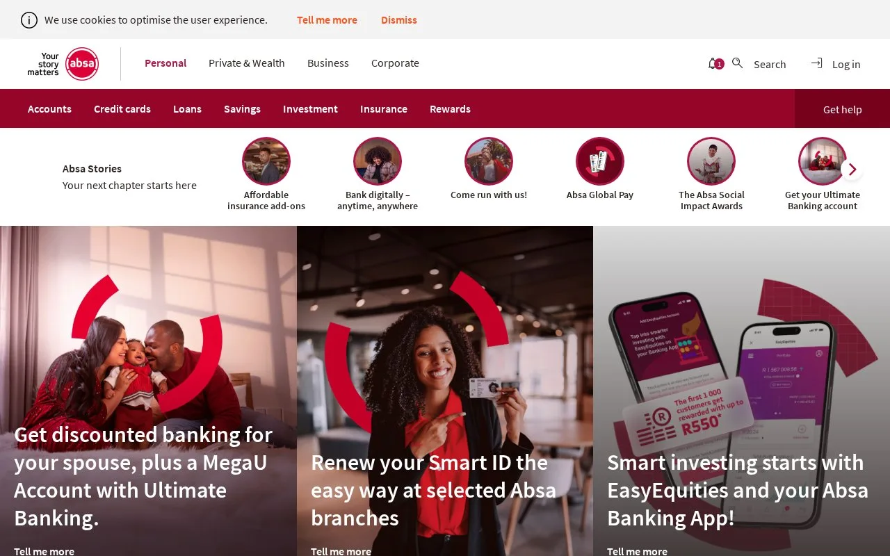 Screenshot of the Absa homepage