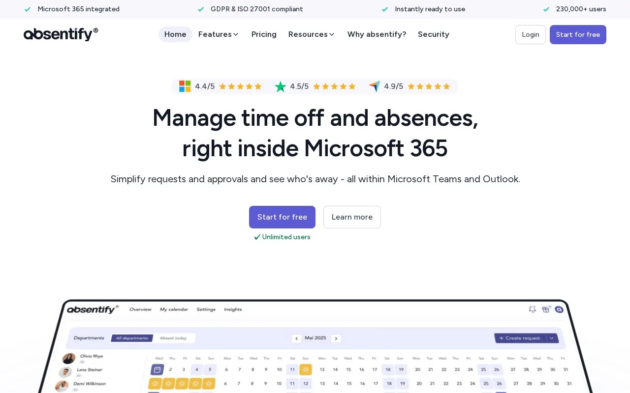 Screenshot of the Absentify homepage