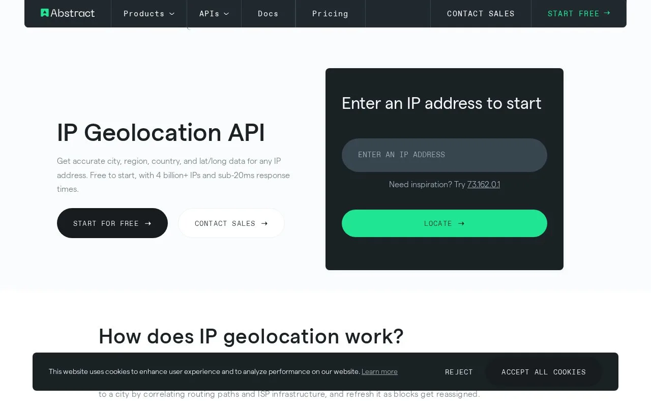 Screenshot of the Abstract IP Geolocation API homepage