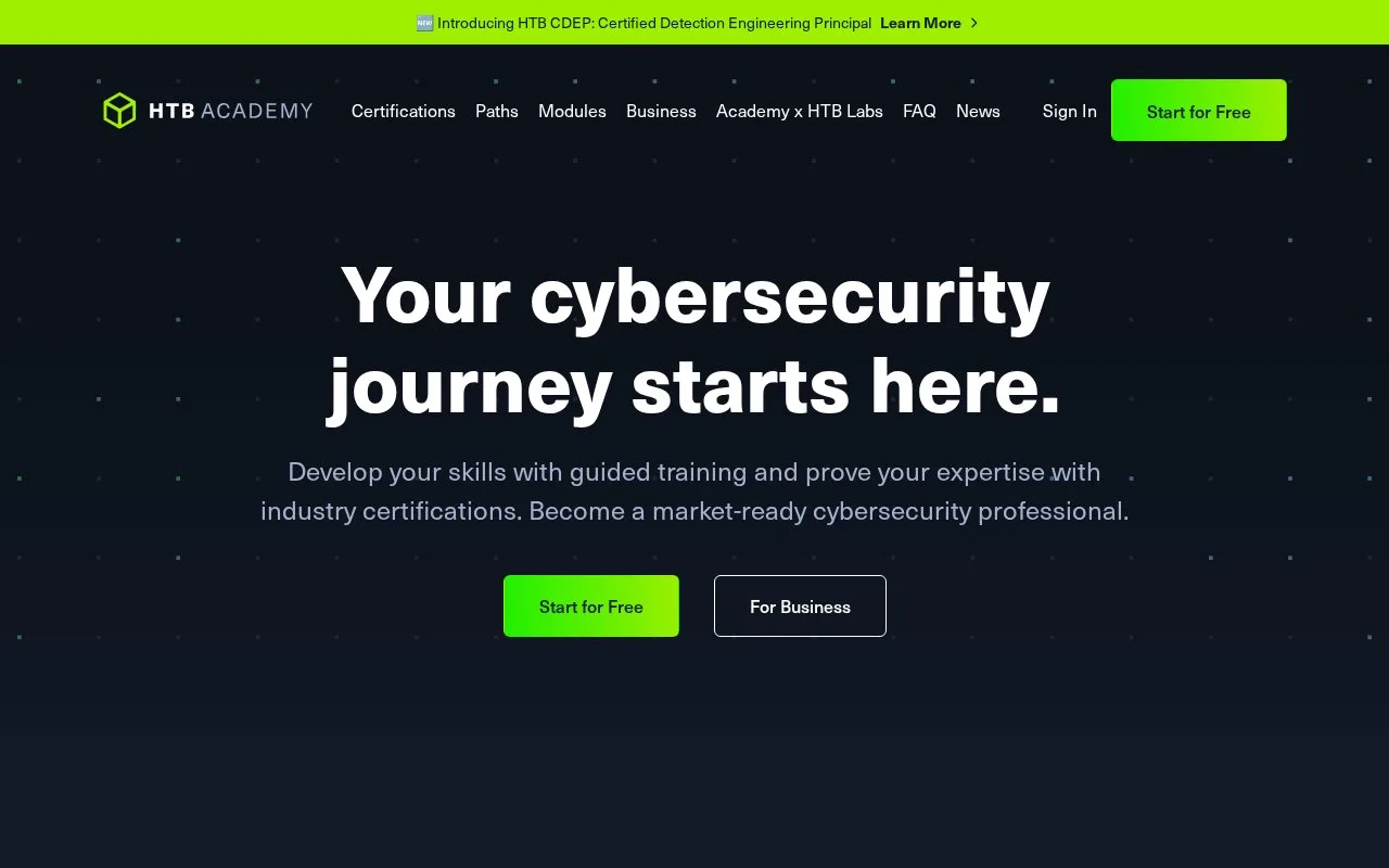 Screenshot of the Hack The Box Academy homepage