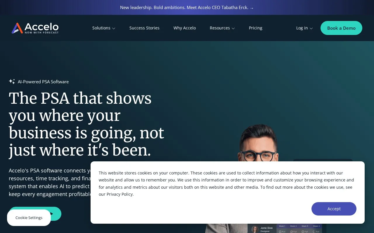 Screenshot of the Accelo homepage