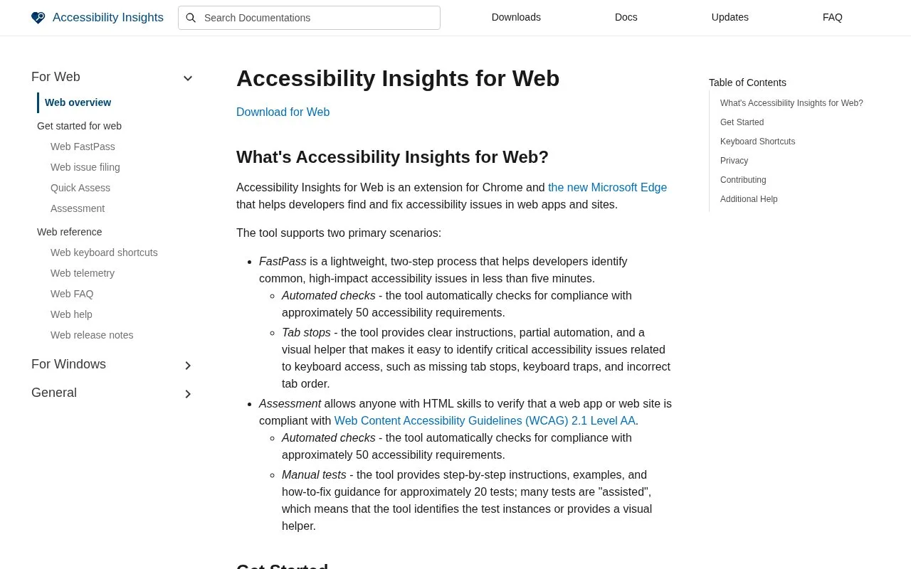 Screenshot of the Accessibility Insights for Web homepage