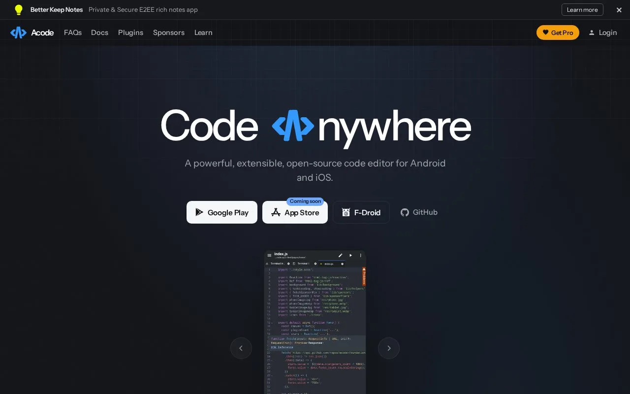 Screenshot of the Acode homepage