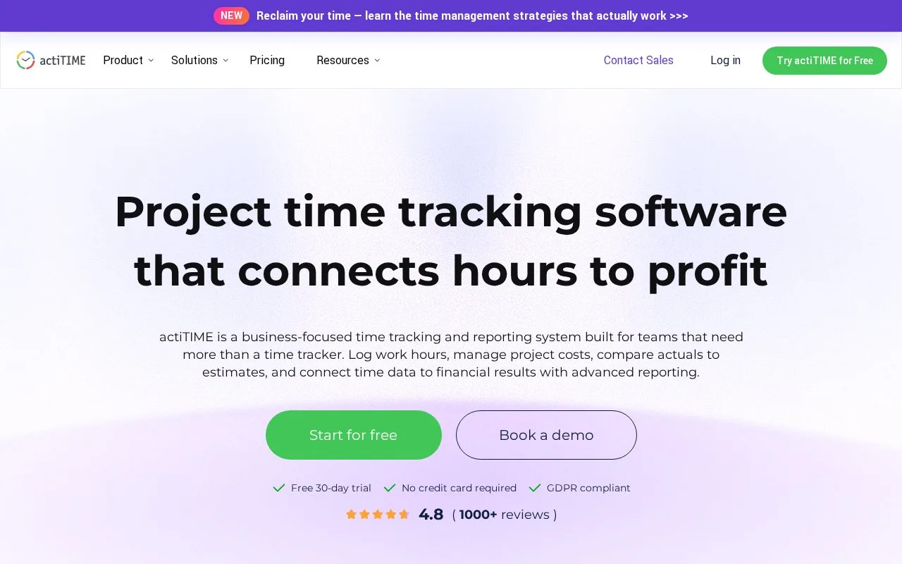 Screenshot of the actiTIME homepage