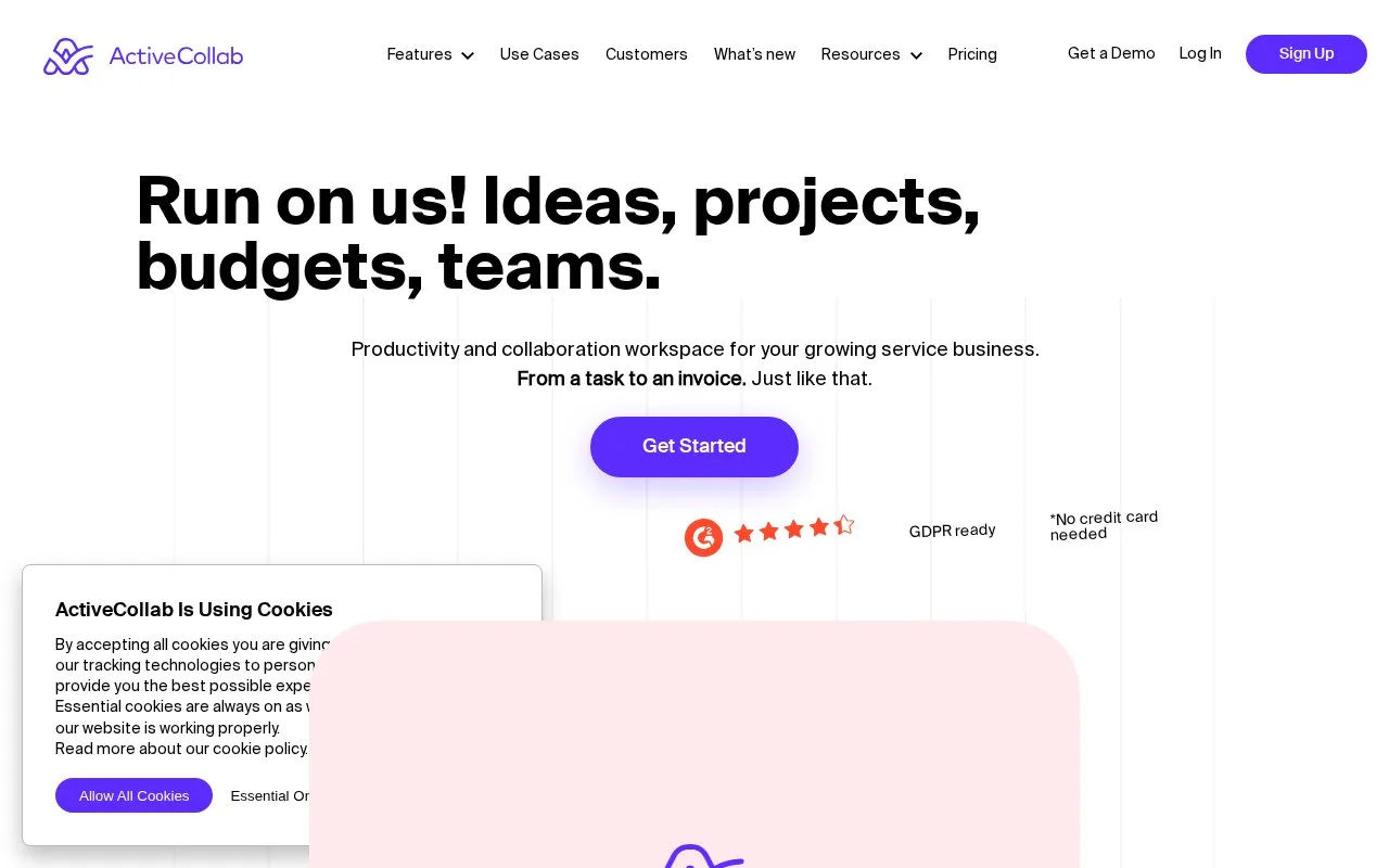 Screenshot of the ActiveCollab homepage