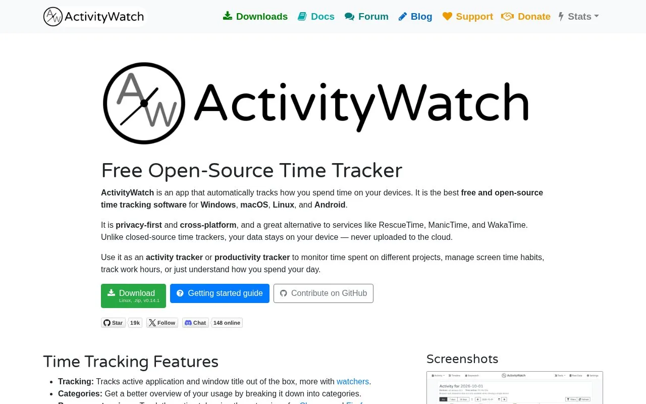 Screenshot of the ActivityWatch homepage