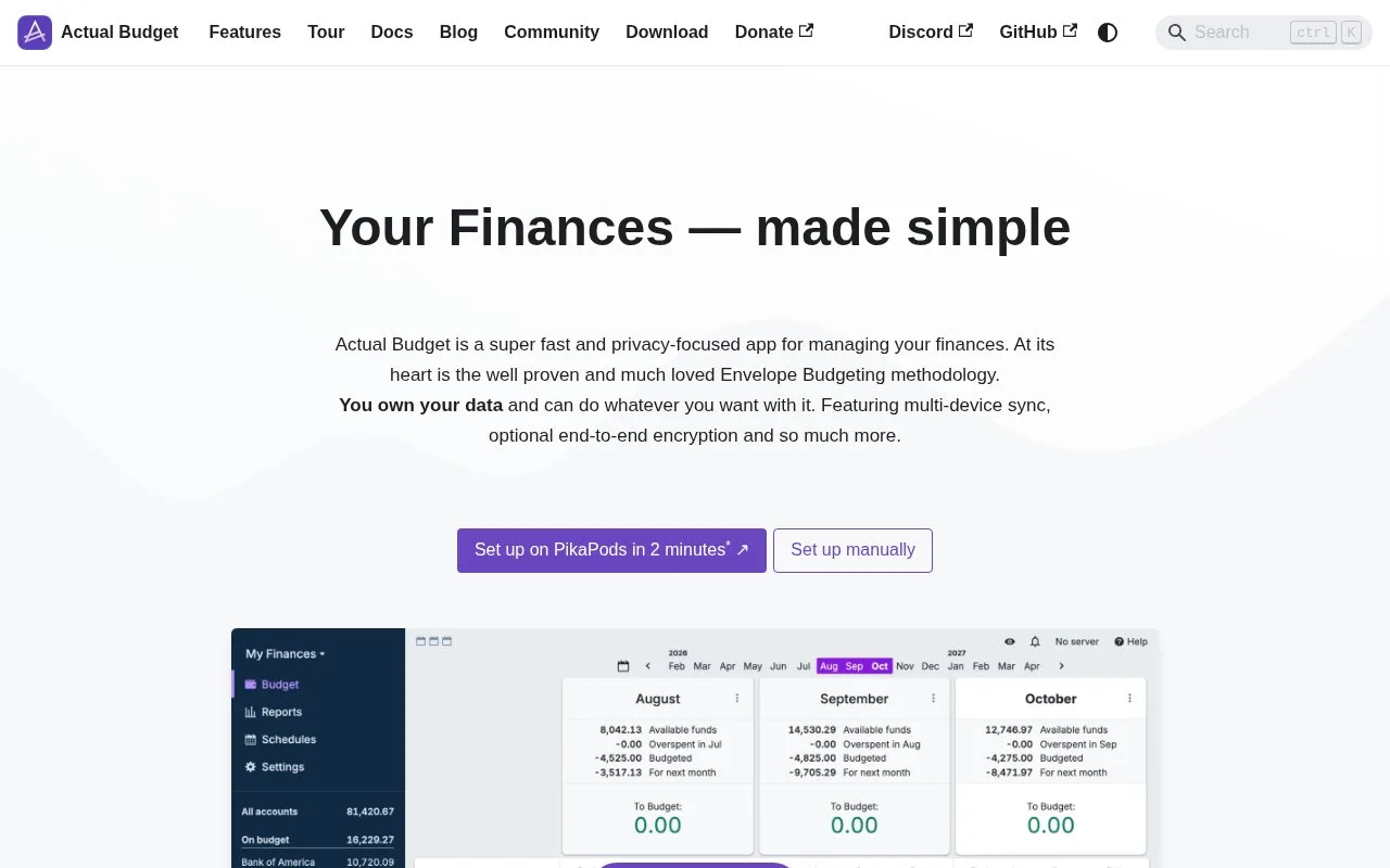 Screenshot of the Actual Budget homepage