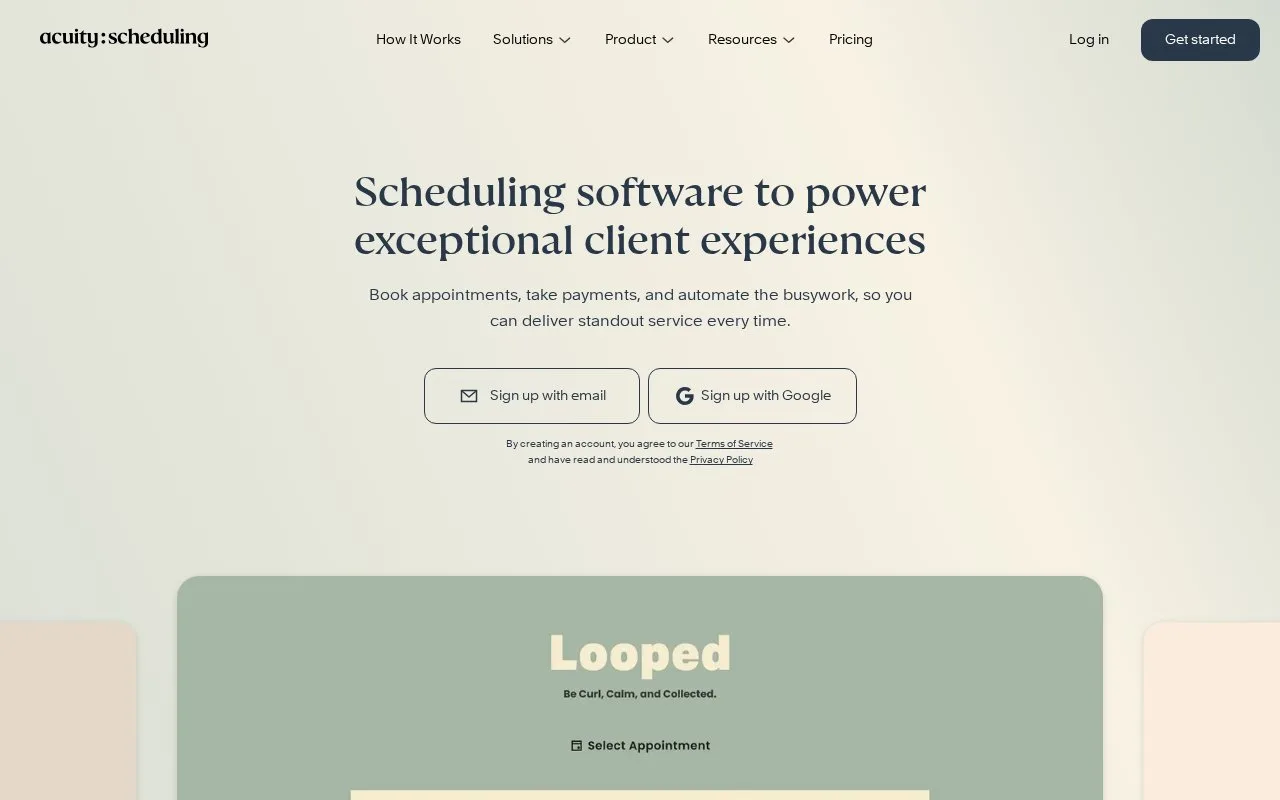 Screenshot of the Acuity Scheduling homepage