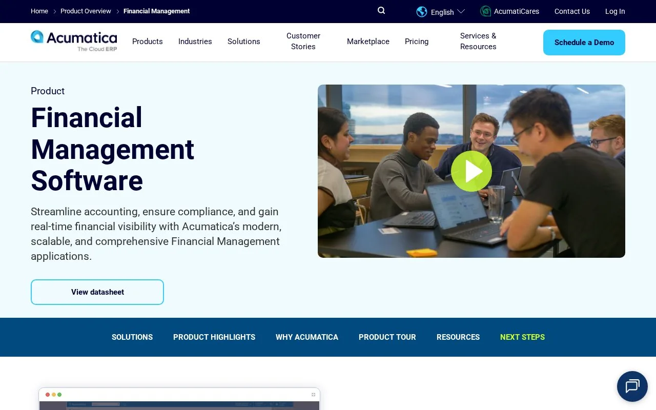 Screenshot of the Acumatica Financial Management homepage