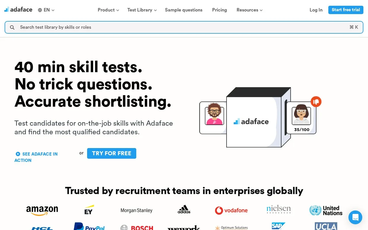 Screenshot of the Adaface homepage