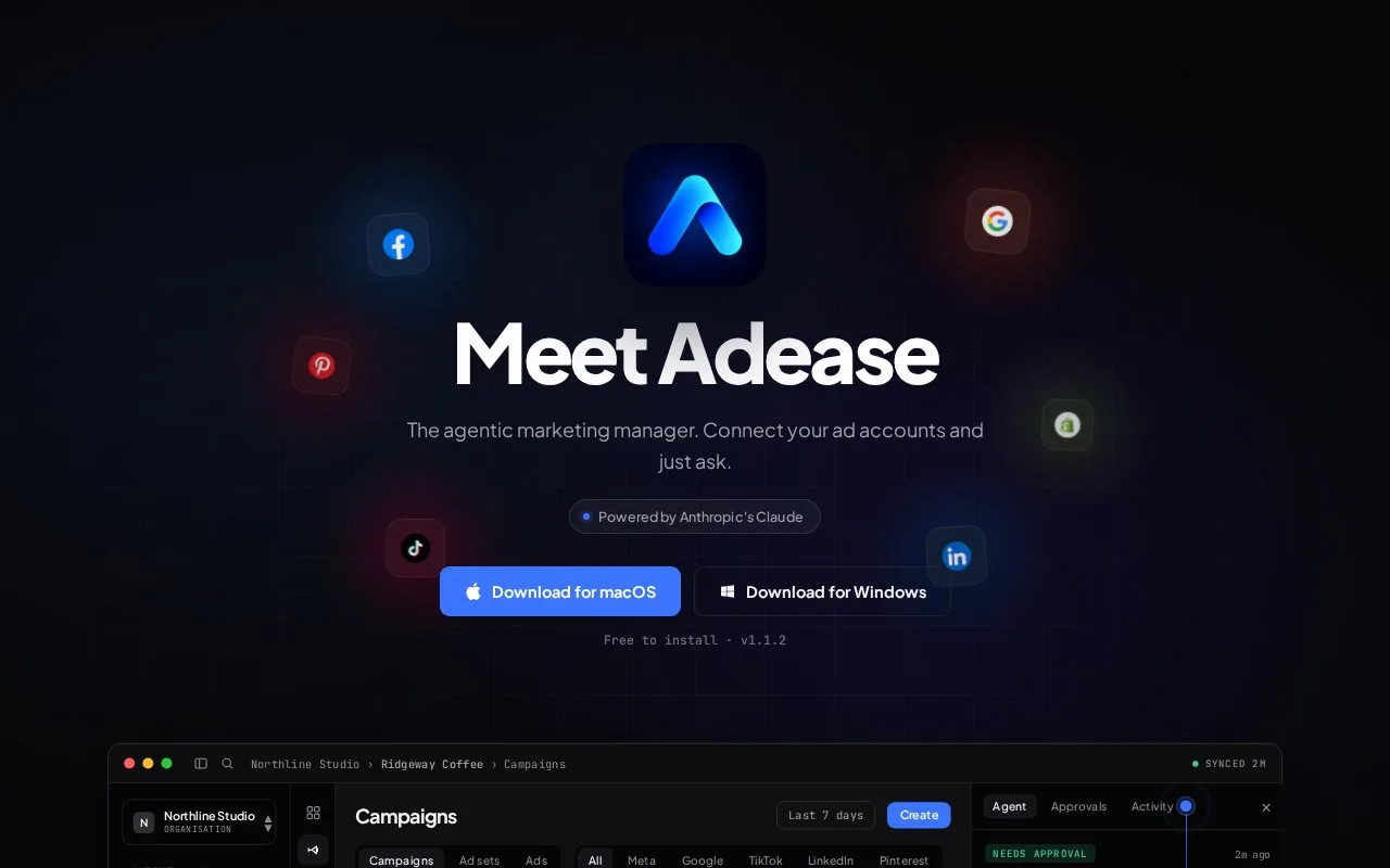 Screenshot of the Adease homepage
