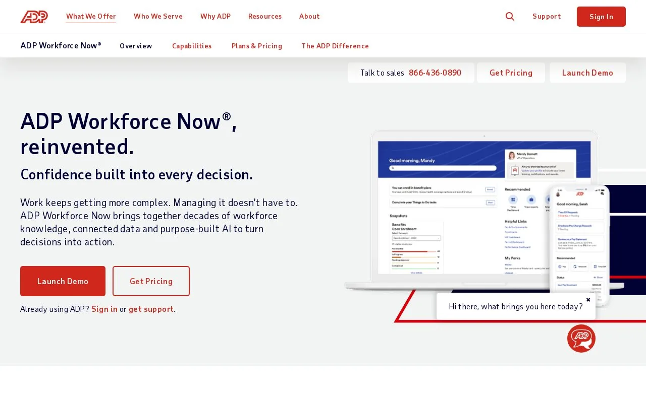Screenshot of the ADP Workforce Now homepage