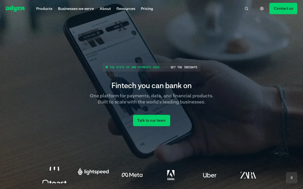 Screenshot of the Adyen homepage