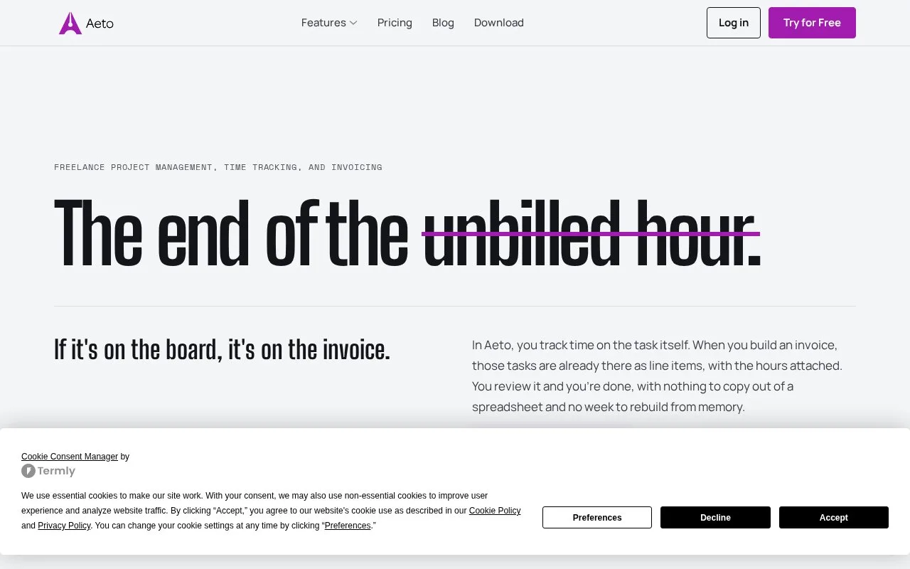 Screenshot of the Aeto homepage