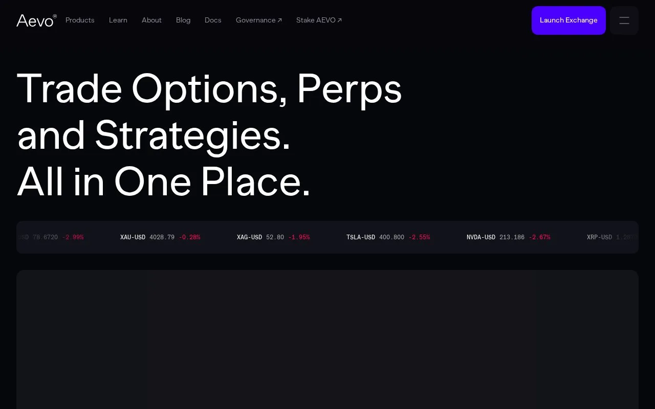 Screenshot of the Aevo homepage