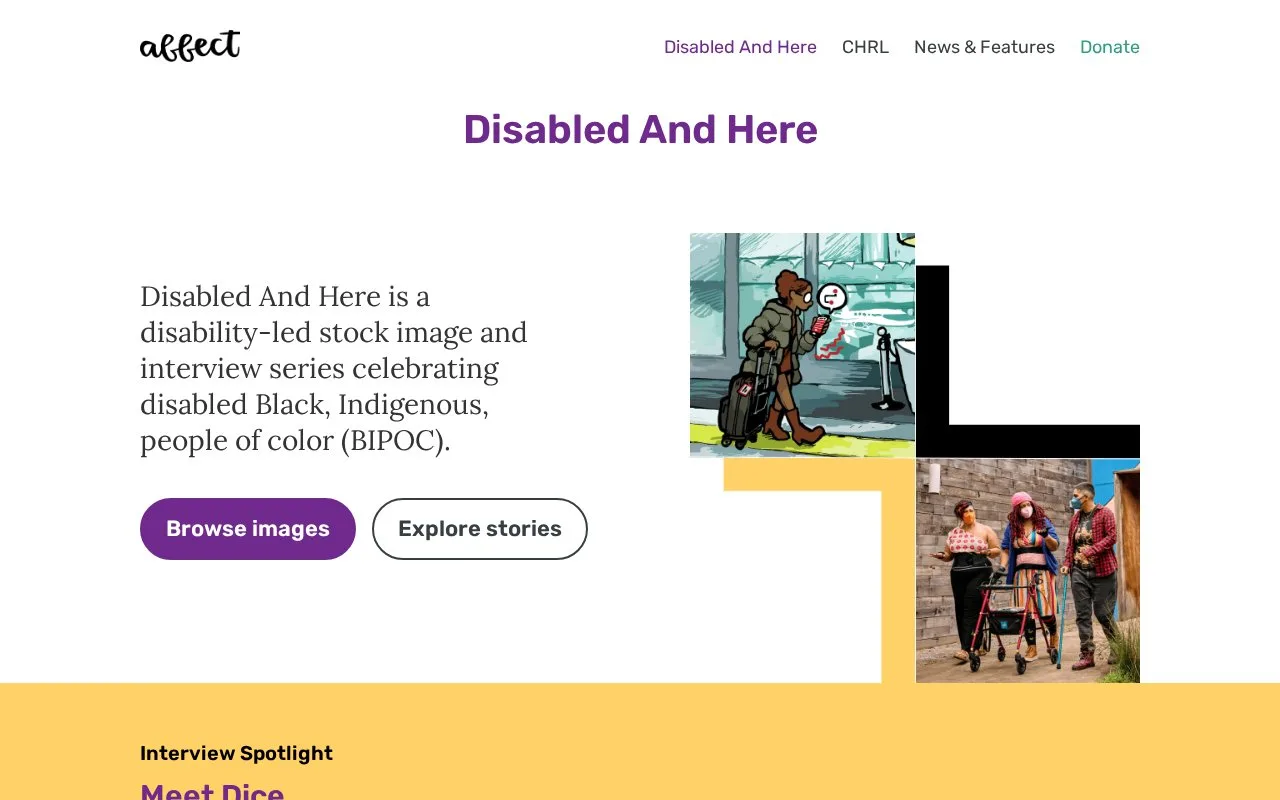 Screenshot of the Disabled And Here homepage