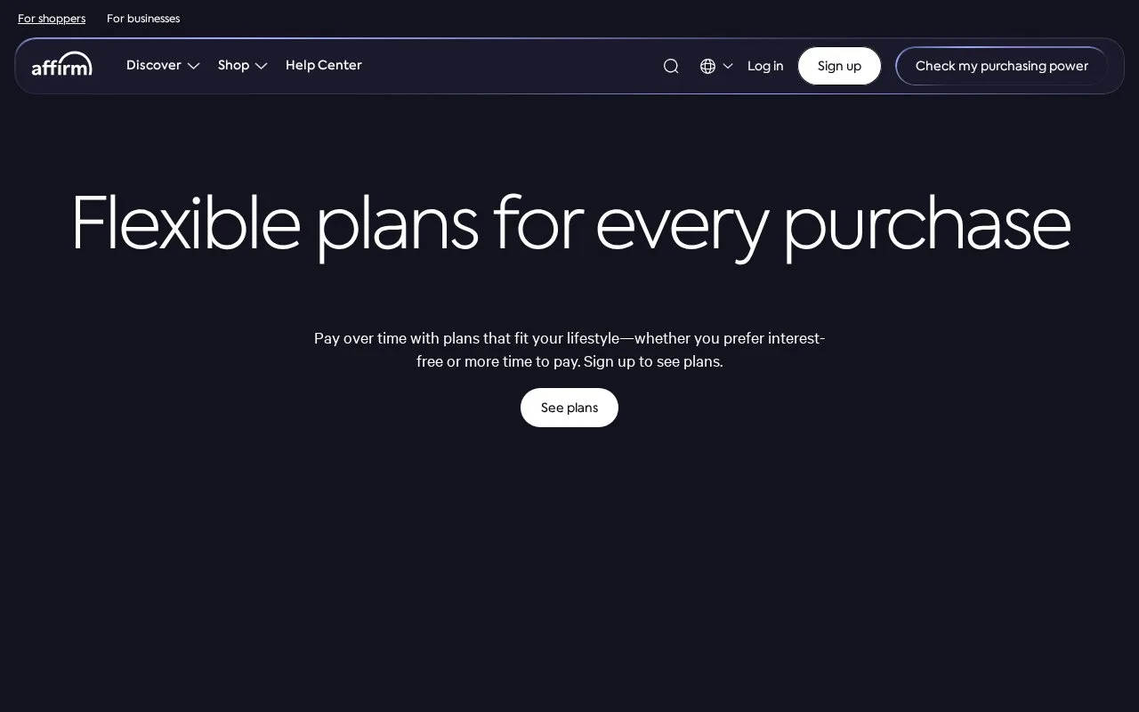 Screenshot of the Affirm homepage