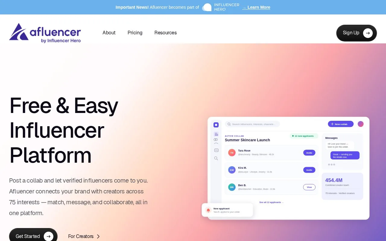 Screenshot of the Afluencer homepage