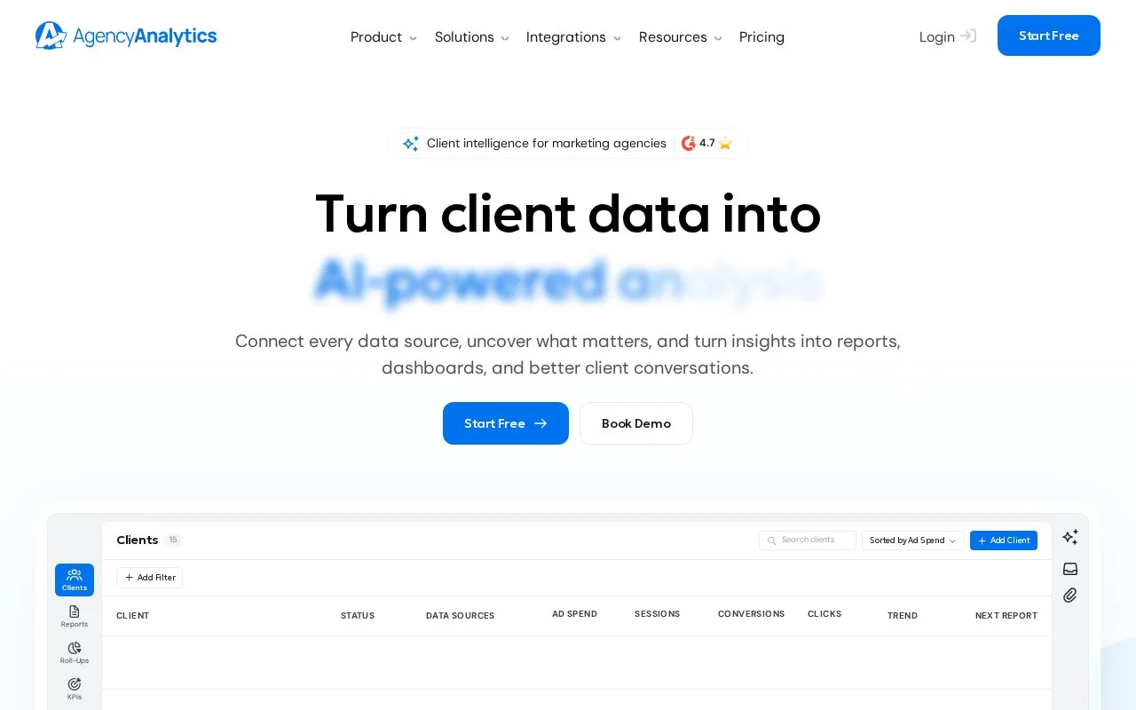 Screenshot of the AgencyAnalytics homepage