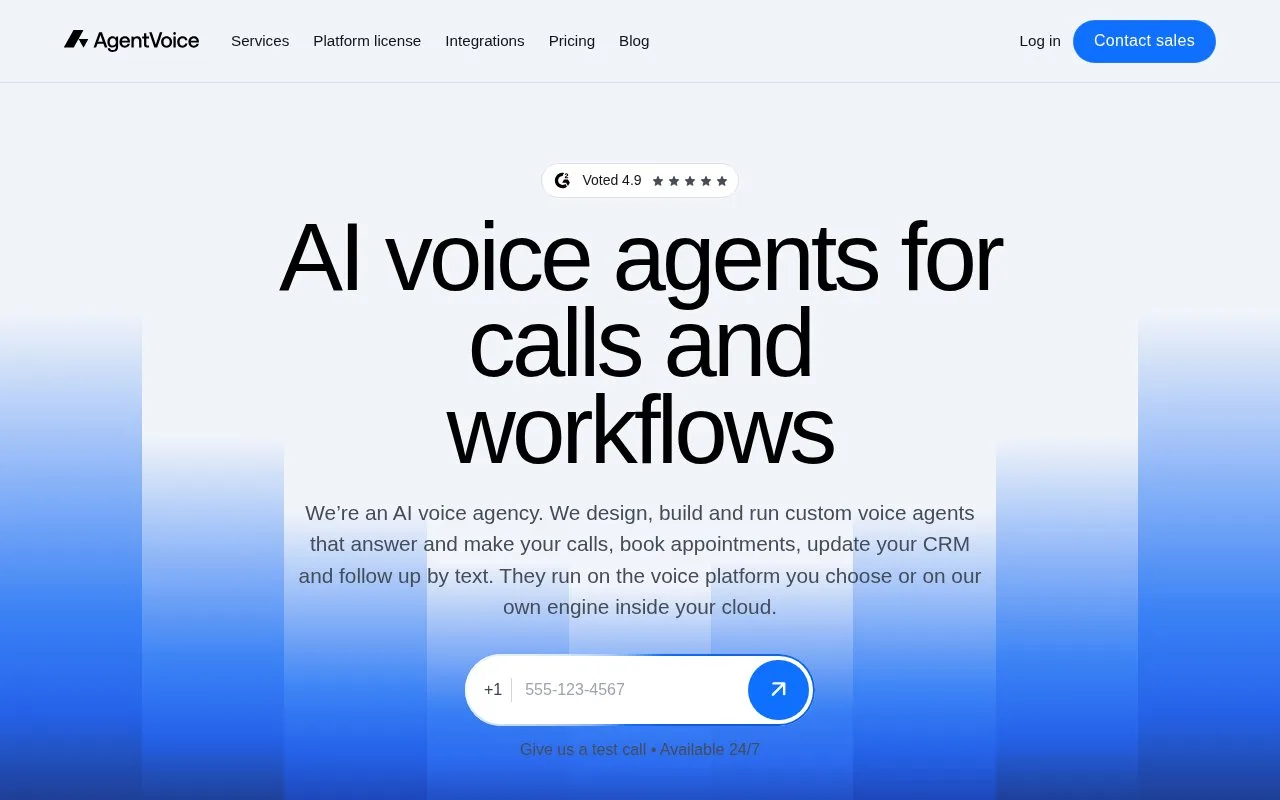 Screenshot of the AgentVoice homepage