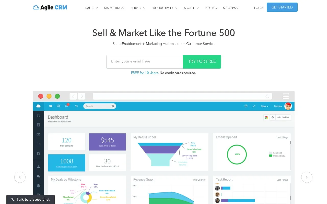 Screenshot of the Agile CRM homepage