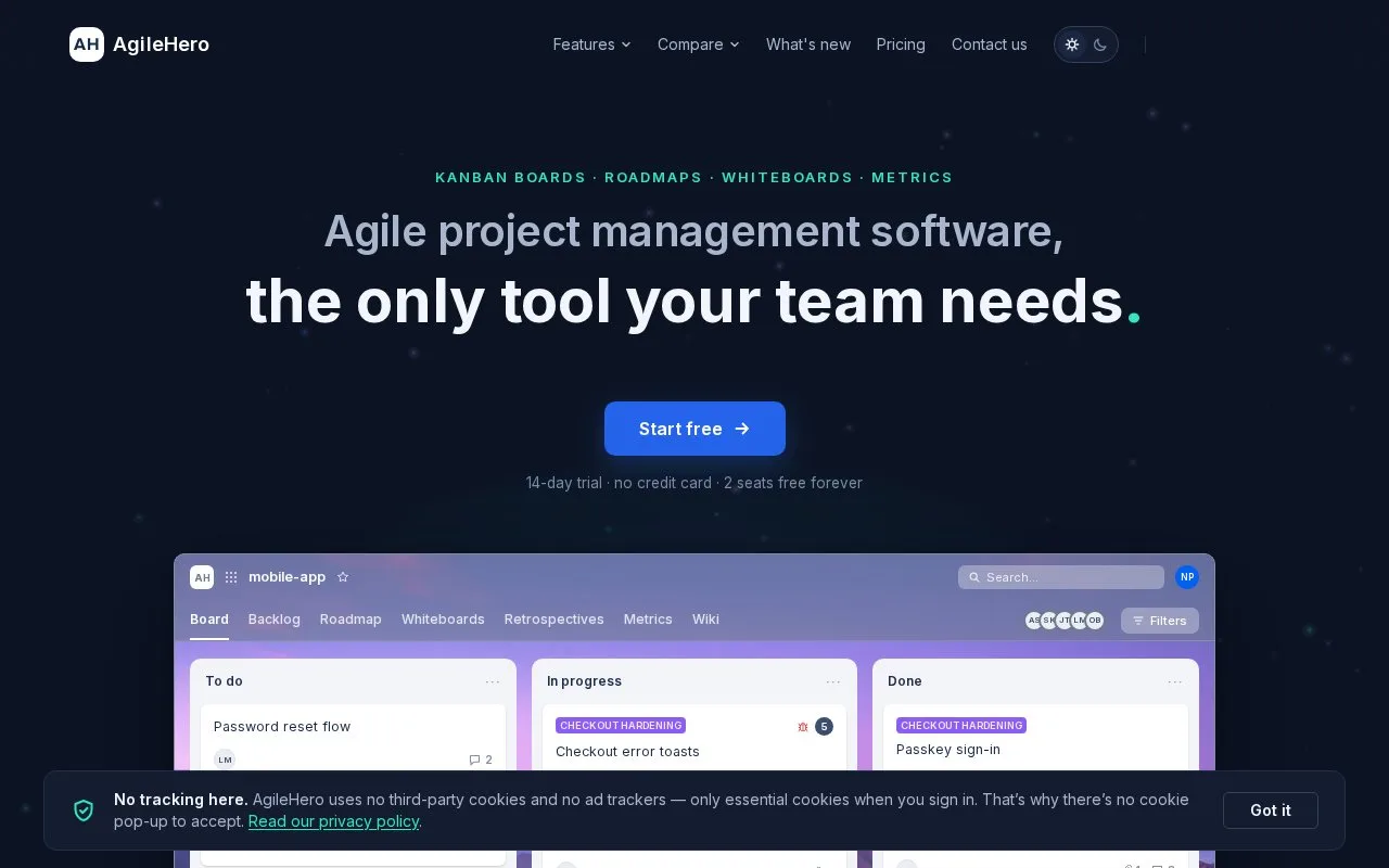 Screenshot of the AgileHero homepage