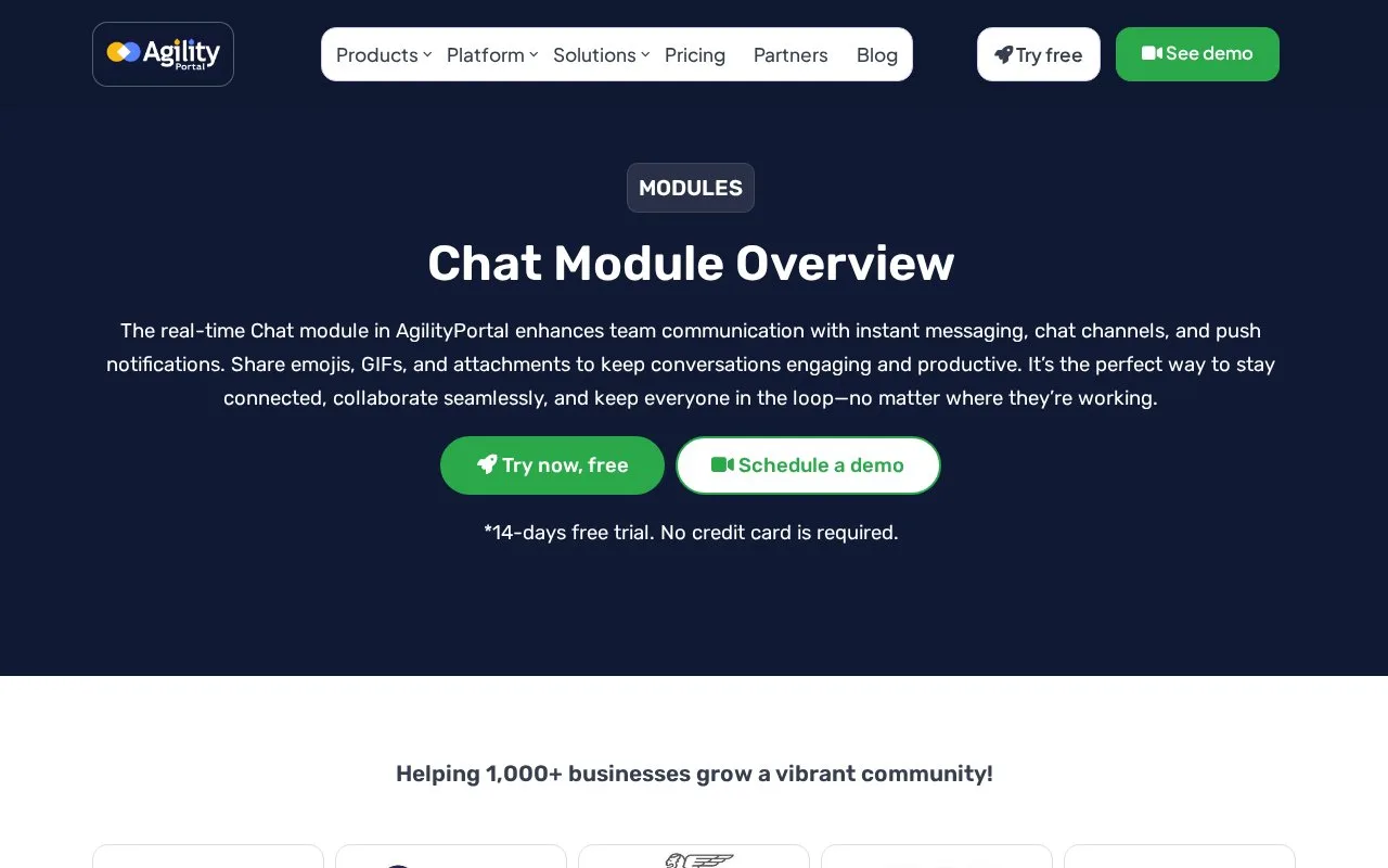 Screenshot of the AgilityPortal Chat homepage