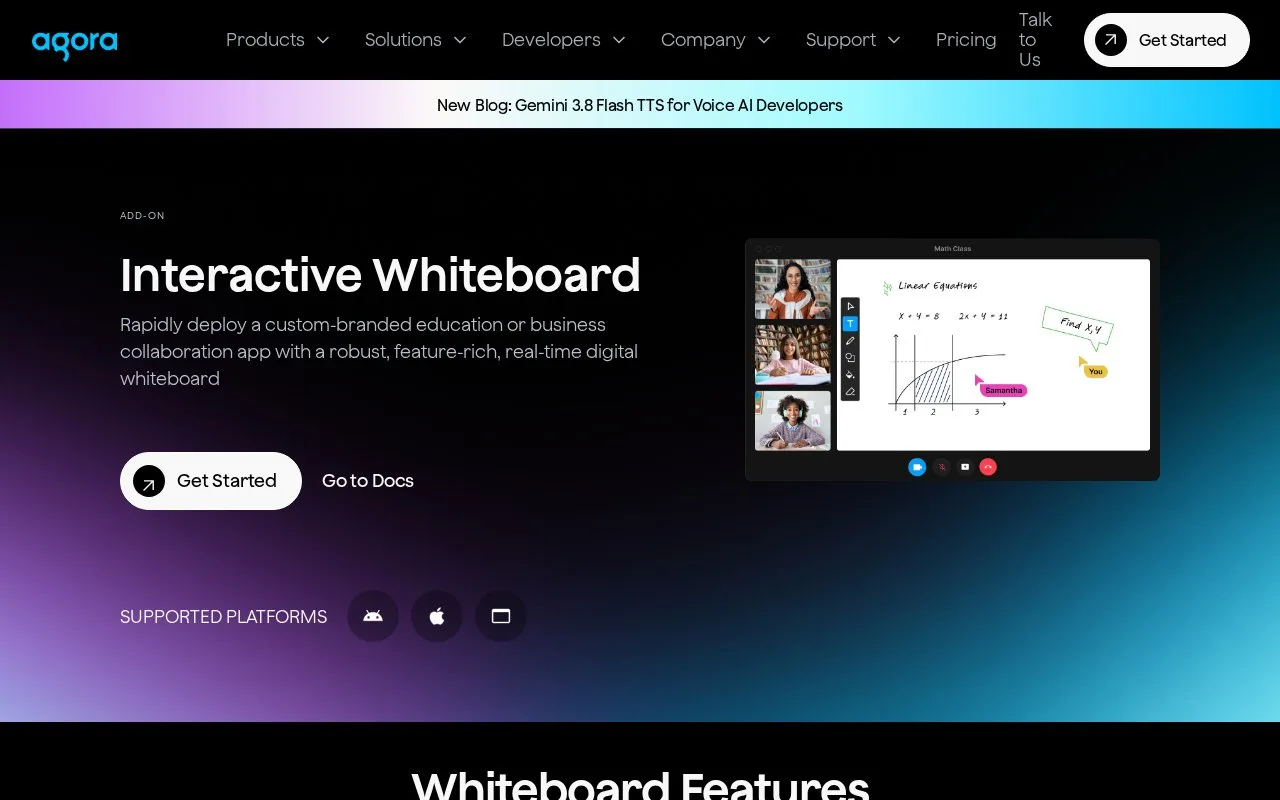 Screenshot of the Agora Interactive Whiteboard homepage