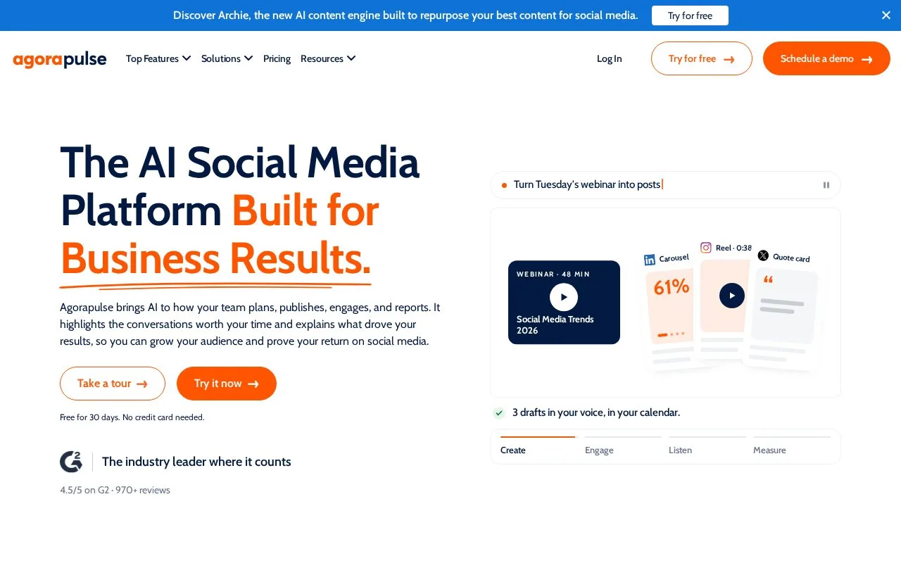 Screenshot of the Agorapulse homepage